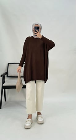 3157-çizgi detaylı triko tunik-acı kahve