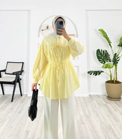 6723-poplin kumaş-kendinden büzgülü bağlama detaylı gömlek-limon sarısı