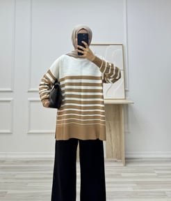 2220-simit yaka çizgili triko tunik-sütlü kahve