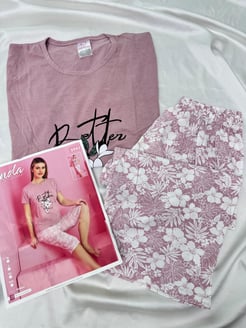 ç3962 - kısa kollu kapri çiçekli pijama takımı - pembe 