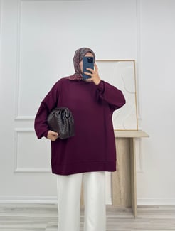 5236-oysho kumaş-balıkçı yaka düz model tunik-mor