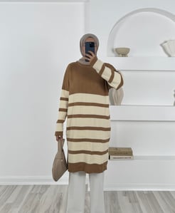 7648- balıkçı yaka çizgili triko tunik-sütlü kahve