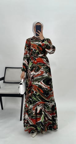 30250-pamuk viskon kumaş-etnik desenli elbise-kırmızı