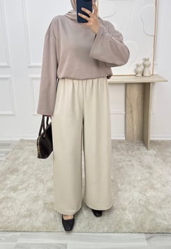 1645-aryobin kumaş bol paça pantolon - krem