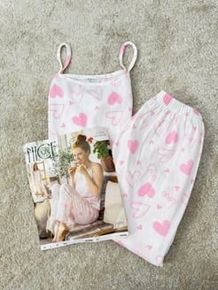 ç6326-bürümcük kumaş kalpli ip askılı pijama takımı