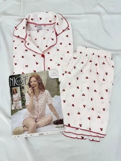 ç6809-bürümcük kumaş şortlu kısa kollu pijama takımı-beyaz