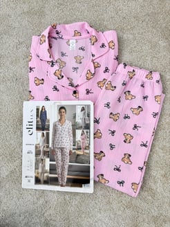 ç8613-bürümcük kumaş gömlek yaka ayıcıklı pijama takımı-pembe 