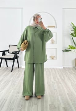 8405-dubai kumaş-seyyar kemerli pantolonlu takım-yeşil
