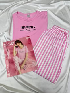 Ç4525 - milan kumaş kısa kollu çizgili pijama takımı - pembe