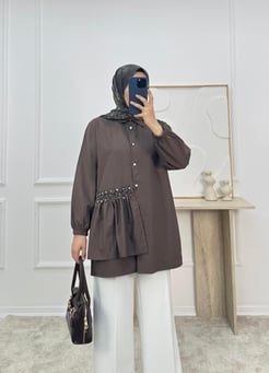 5985-poplin kumaş yandan taşlı tunik-acı kahve