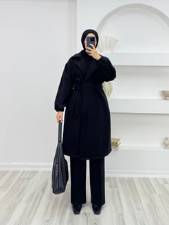 3809-kaşe kumaş kolları lastikli pardesü-siyah