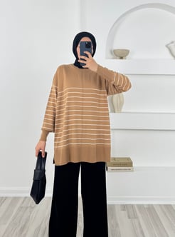 5454 - triko çizgili tunik -sütlü kahve