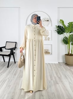 8620-ayrobin kumaş-boydan düğmeli elbise-krem