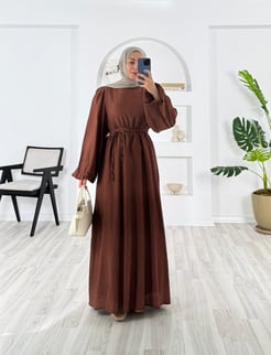 4172-vrn polyester kumaş-balon kol hakim yaka kemerli elbise-acı kahve