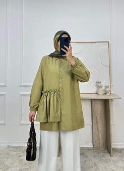 5985-poplin kumaş yandan taşlı tunik -yeşil