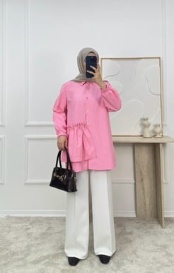 5985-poplin kumaş yandan taşlı tunik -pembe