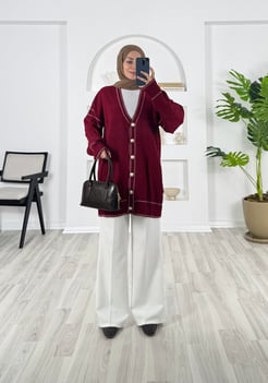 19634 - önü dügmeli çizgi detaylı triko hırka - bordo