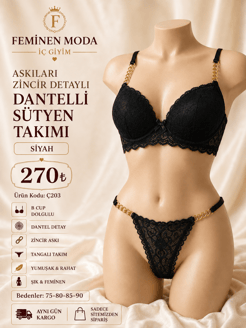 Ç203 - ASKILARI ZİNCİR DETAYLI DANTELLİ SÜTYEN TAKIMI - SİYAH  