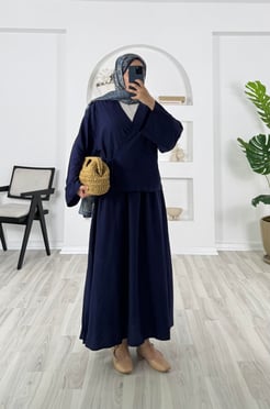 5564-çilek kumaş-üstü kimono etekli takım-morcivert