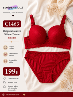 ç1463-dolgulu dantelli sütyen takımı-kırmızı