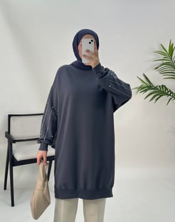 25156-iki iplik kumaş-kolları taş detaylı tunik-füme 