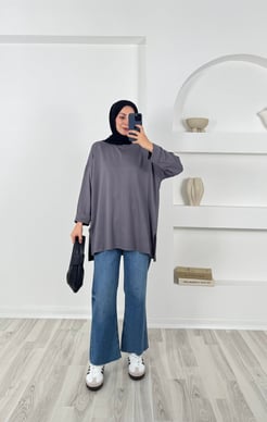 9704 kristal kumaş kolları katlama detaylı yanları yırtmaçlı tunik-gri