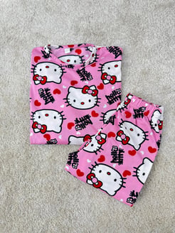 ç73012 - milan kumaş kısa kollu hello kity çoçuk pijama takımı-pembe