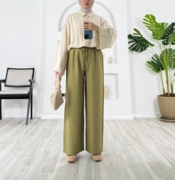 3941-çilek kumaş-beli lastikli bol paça pantolon-yağ yeşili