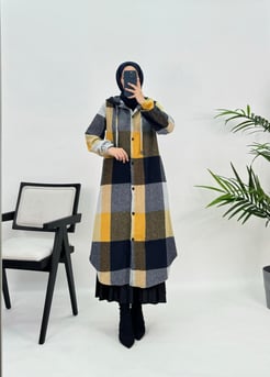 2134 N417ekose oduncu kumaş kapüşonlu uzun tunik-SARI