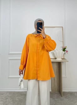 9052-terikoton kumaş taşlı kuşaklı tunik-turuncu