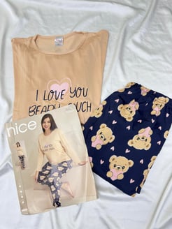 Ç5500 - milan kumaş ayıcıklı pijama takımı - taş