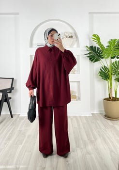 4586-dubai kumaş-önü pervazlı biyeli pantolonlu takım-bordo