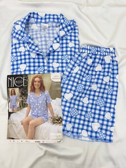 ç6816-bürümcük kumaş şortlu kısa kollu pijama takımı-mavi 