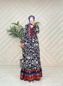 98745 J79+V yaka pamuk viskon kumaş desenli elbise - siyah - kiremit