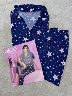 ç5262-milan kumaş gömlek yaka yıldızlı pijama takımı-lacivert