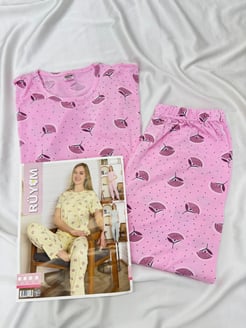 Ç8206 PAMUK VİSKON YELPAZE DESEN PİJAMA TAKIMI -PEMBE