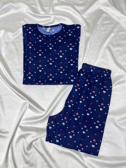 ç571 - milan kumaş kısa kollu kalpli pijama takımı - lacivert
