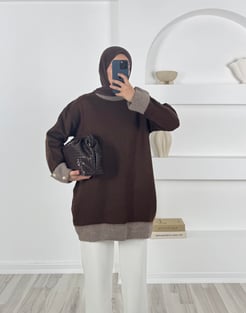 3641 - kolları dügme detaylı triko tunik - acı kahve 