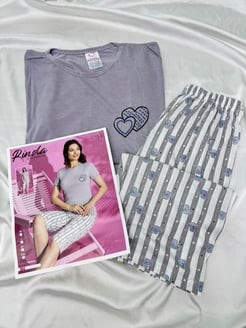ç2194 - kısa kollu kapri kalpli pijama takımı - gri