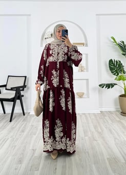 9317-pamuk viskon kumaş-yarım düğmeli desenli elbise-bordo