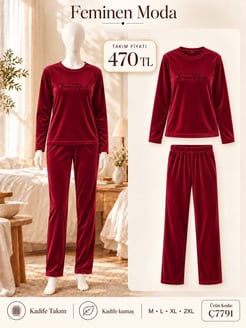 ç7791-kadife uzun kol pijama takımı-bordo