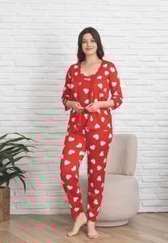 ç14693p askılı sabahlıklı kalpli pijama takımı seti - kırmızı 