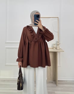0253-nada kumaş önden fırfırlı bağlamalı kimona-acı kahve
