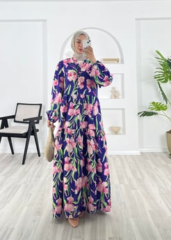 0289-lilium kumaş-çiçek desenli elbise-mor