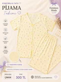 ç8658-kaşkorse kumaş kısa kollu pijama takımı-sarı 