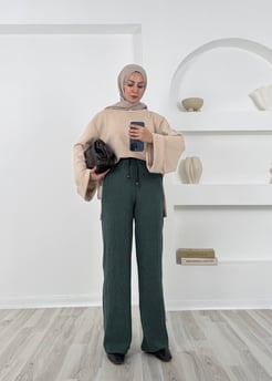 6683  beli lastikli panama pantolon-yeşil