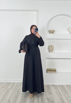 3768 belmando kumaş önü düğmeli elbise-siyah