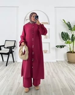 3621-modal kumaş-boydan düğmeli pantolonlu takım-fuşya