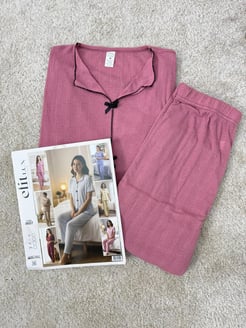ç1315-zincir kumaş önü fiyonklu pijama takımı-pembe