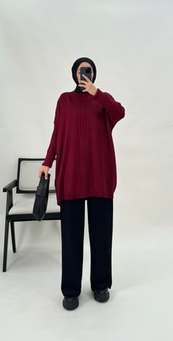 9321-önü çizgi detaylı triko tunik-bordo
